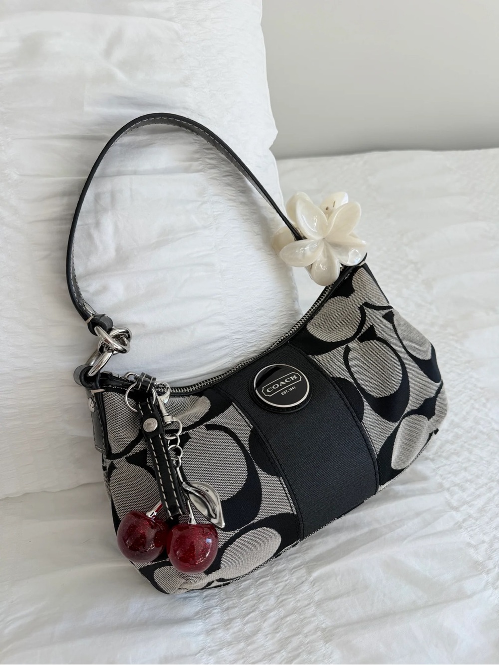 Coach Black & Gray Signature Mini Shoulder Bag with Cherry Charm